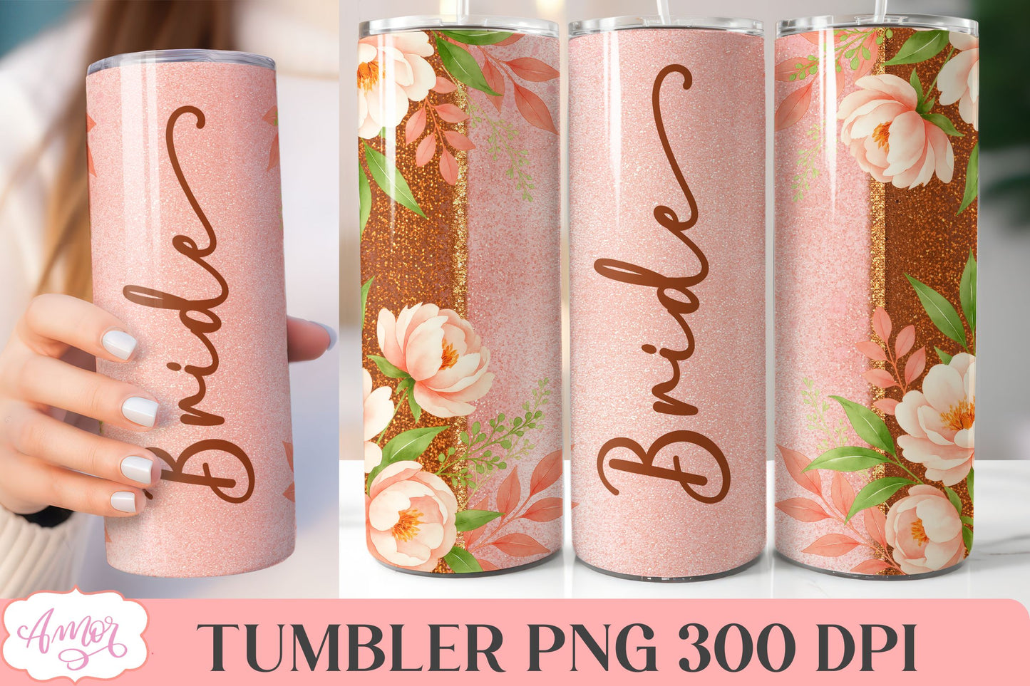 Wedding Tumbler Wrap sublimation PNG, Copper floral tumbler