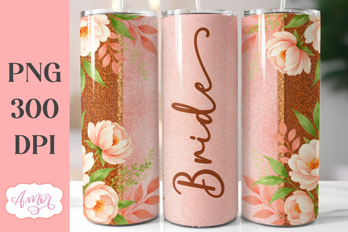 Wedding Tumbler Wrap sublimation PNG, Copper floral tumbler