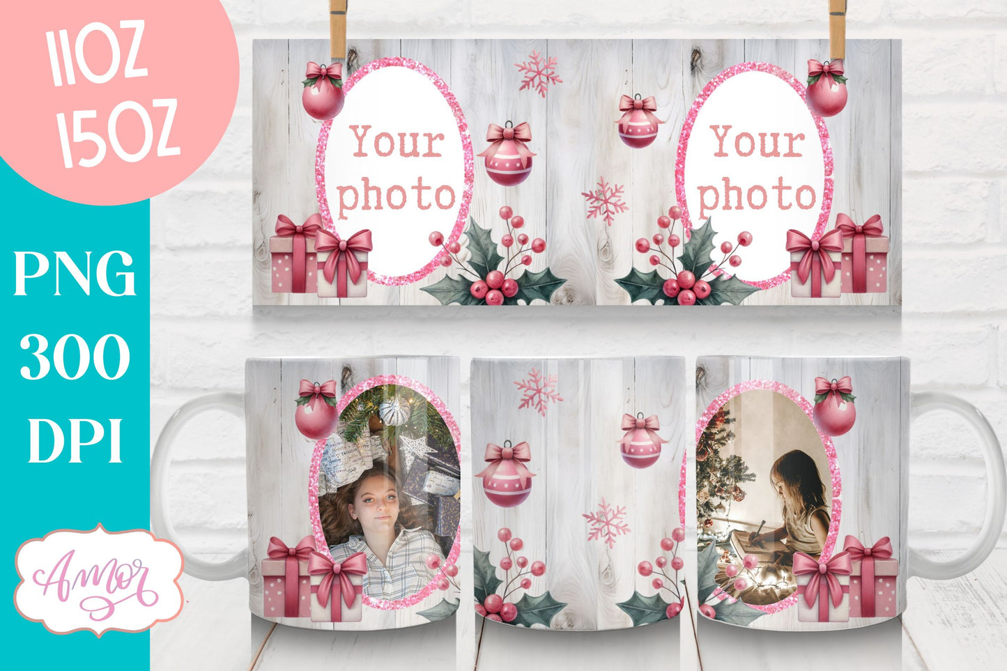 Pink Christmas photo mug wrap PNG Sublimation | festive mug
