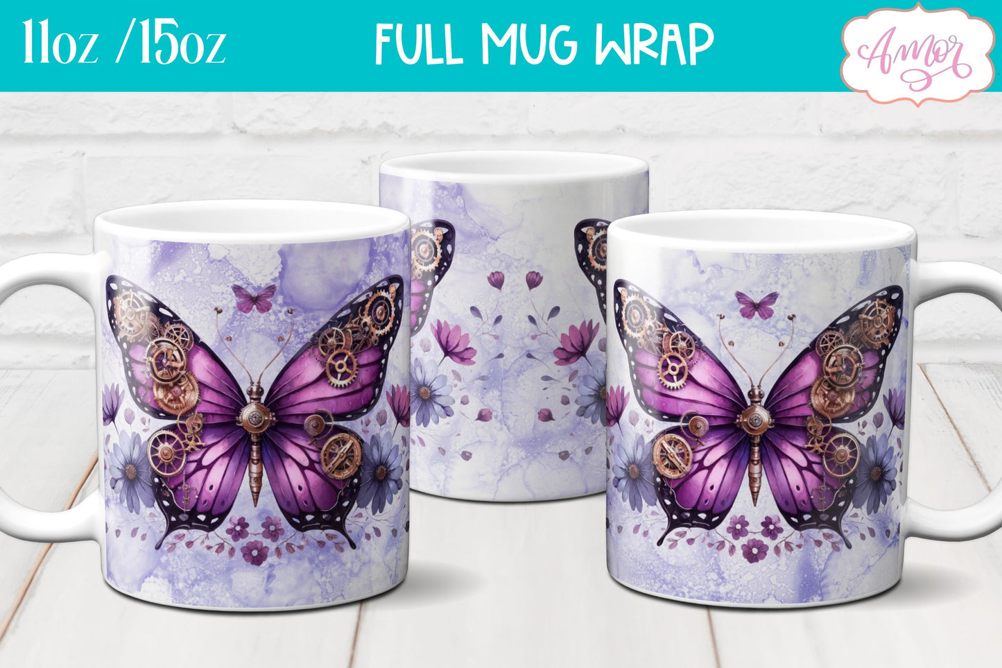 Steampunk butterfly mug wrap PNG | fantasy mug sublimation