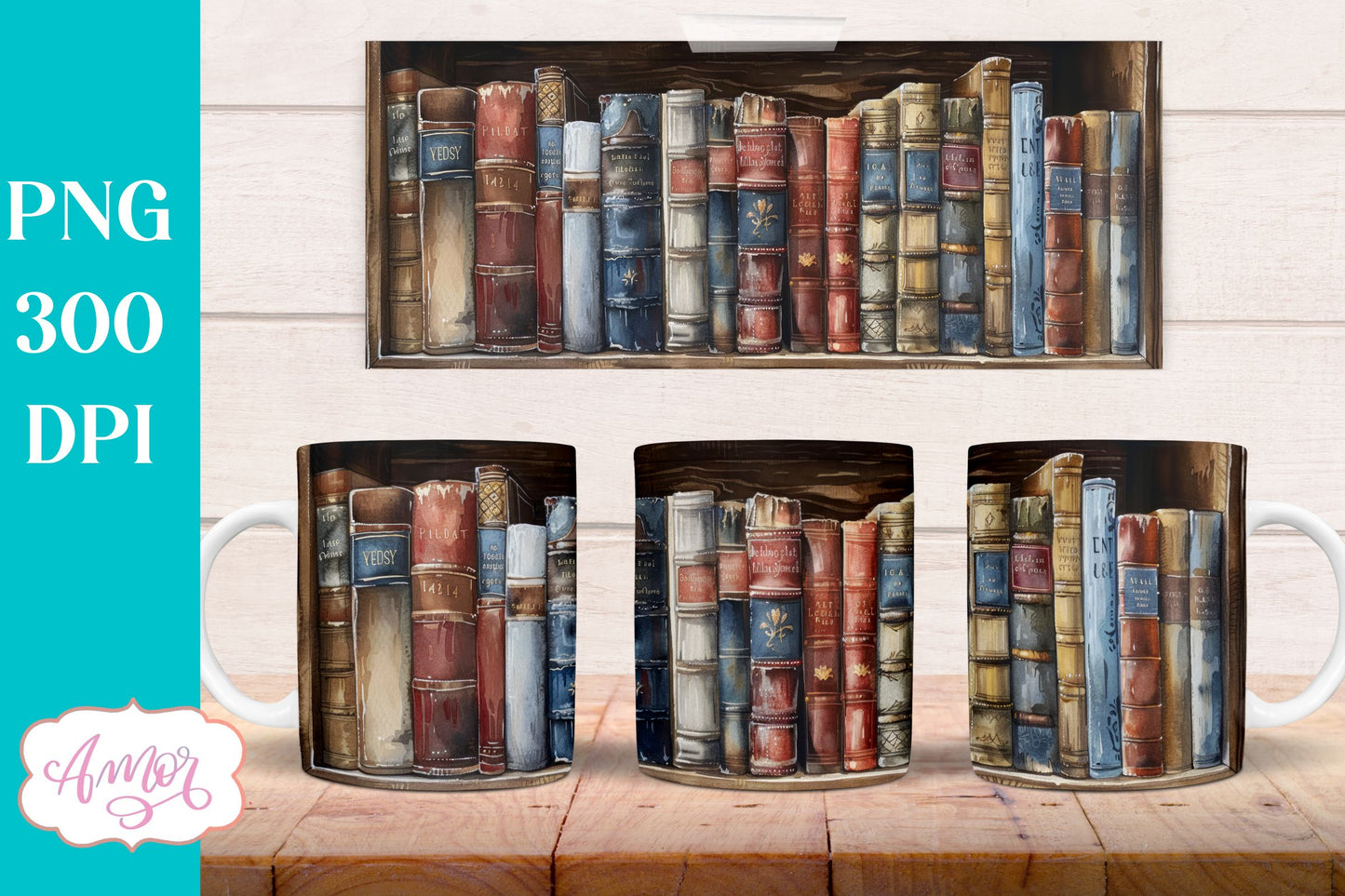Bookshelf mug wrap PNG for Sublimation | Book lover mug png