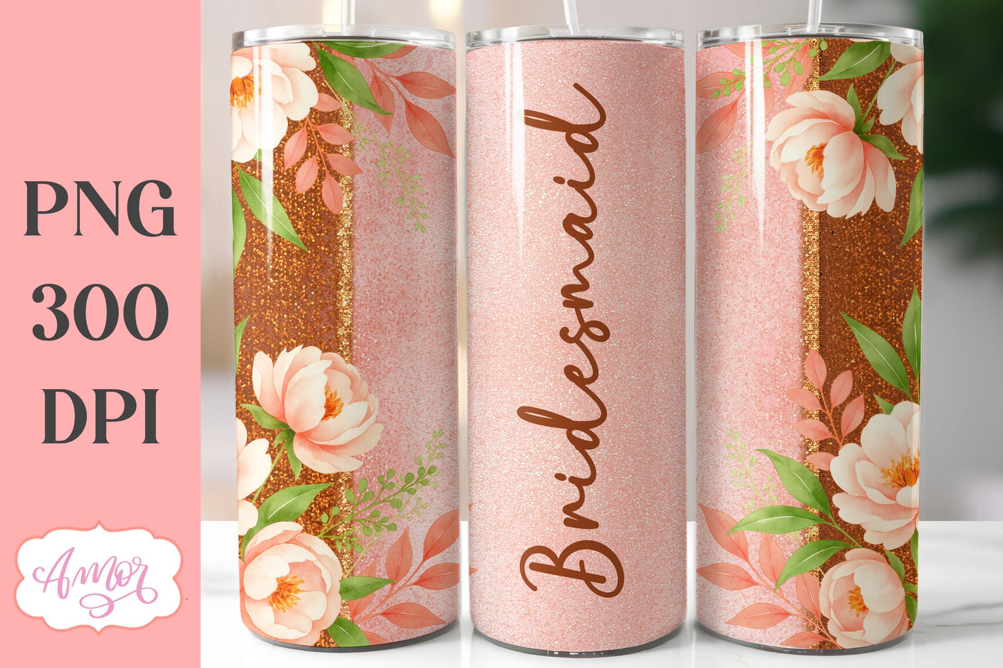 Wedding Tumbler Wrap sublimation PNG, Copper floral tumbler