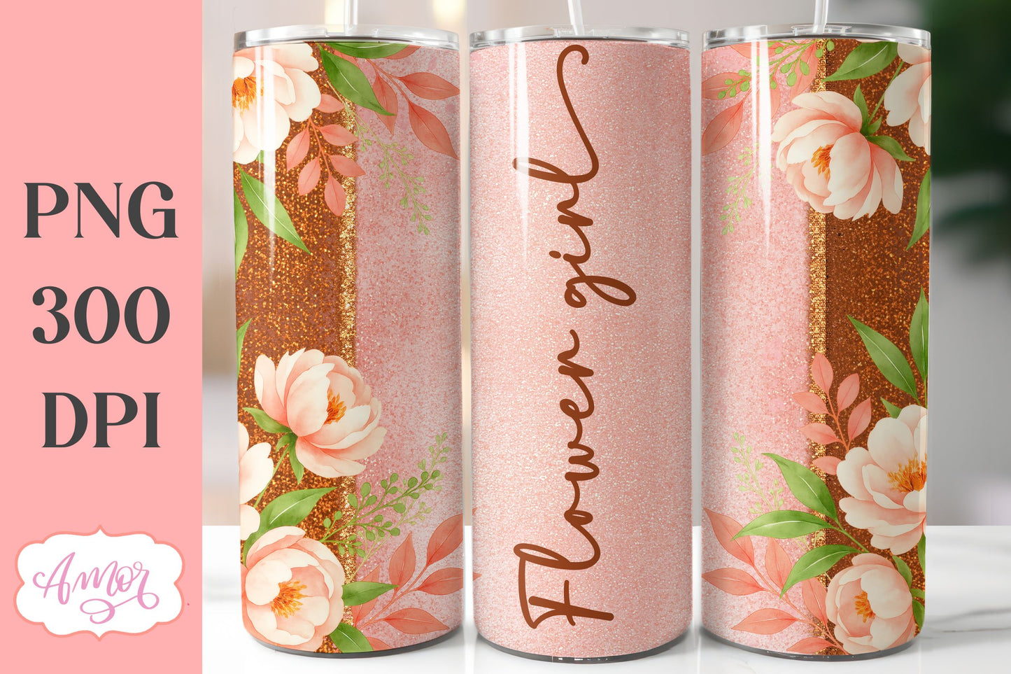 Wedding Tumbler Wrap sublimation PNG, Copper floral tumbler