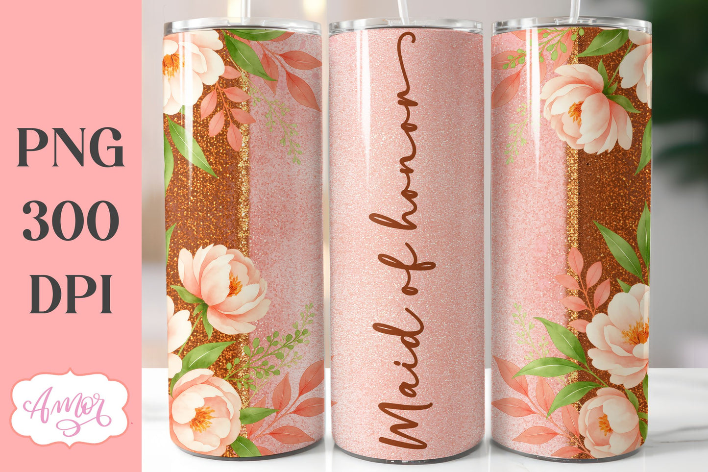 Wedding Tumbler Wrap sublimation PNG, Copper floral tumbler
