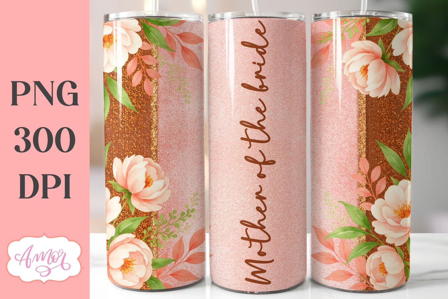 Wedding Tumbler Wrap sublimation PNG, Copper floral tumbler