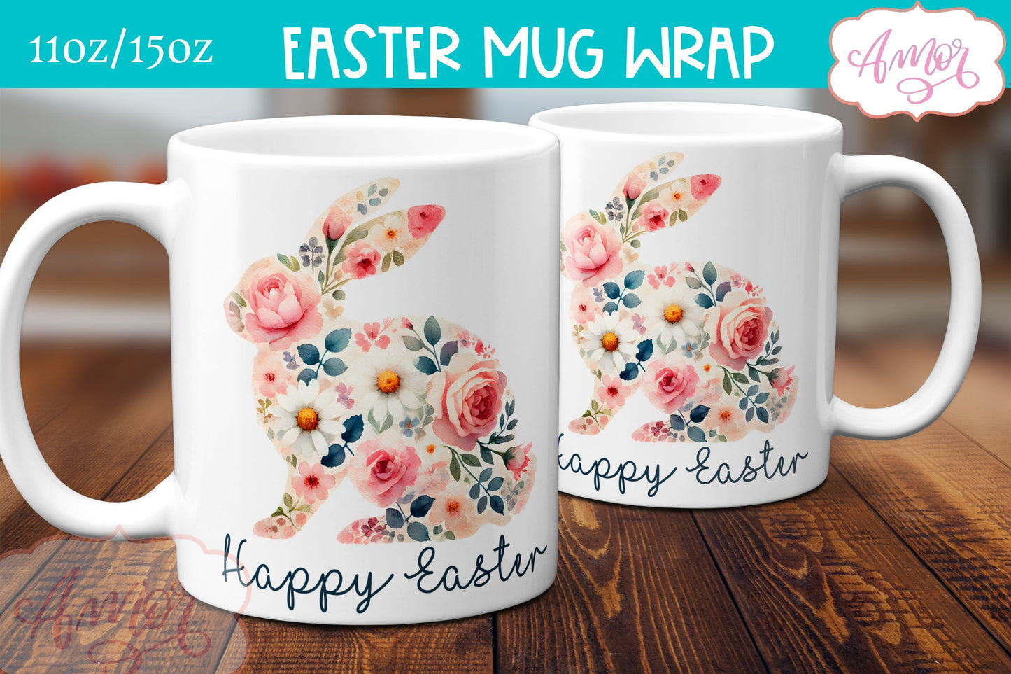 Happy Easter Mug Wrap PNG | Floral rabbit mug sublimation PNG