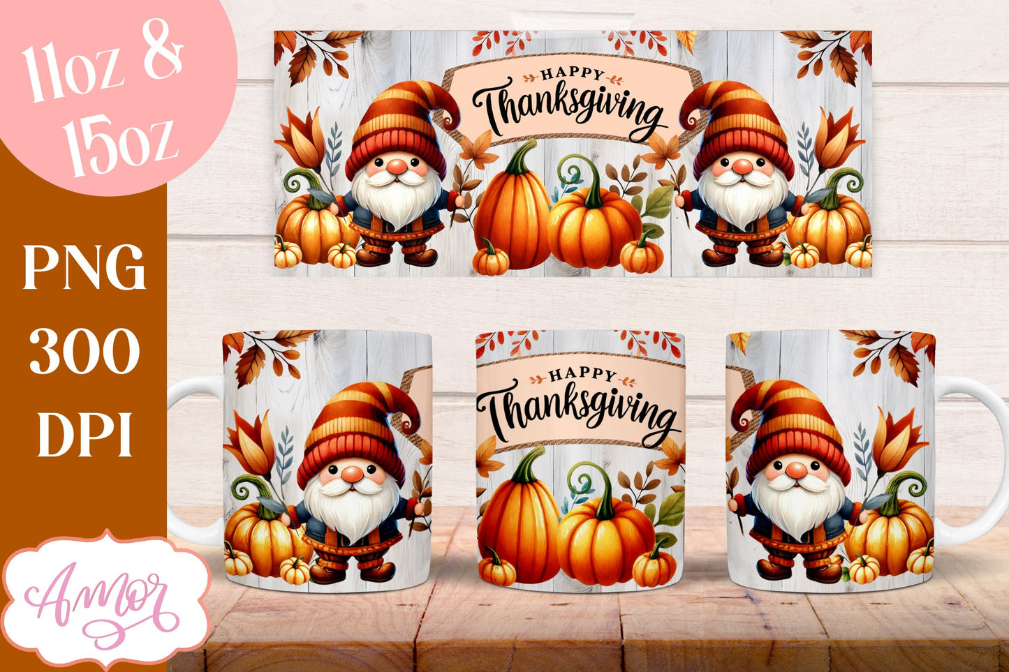 Happy Thanksgiving mug wrap PNG for sublimation | Fall gnome