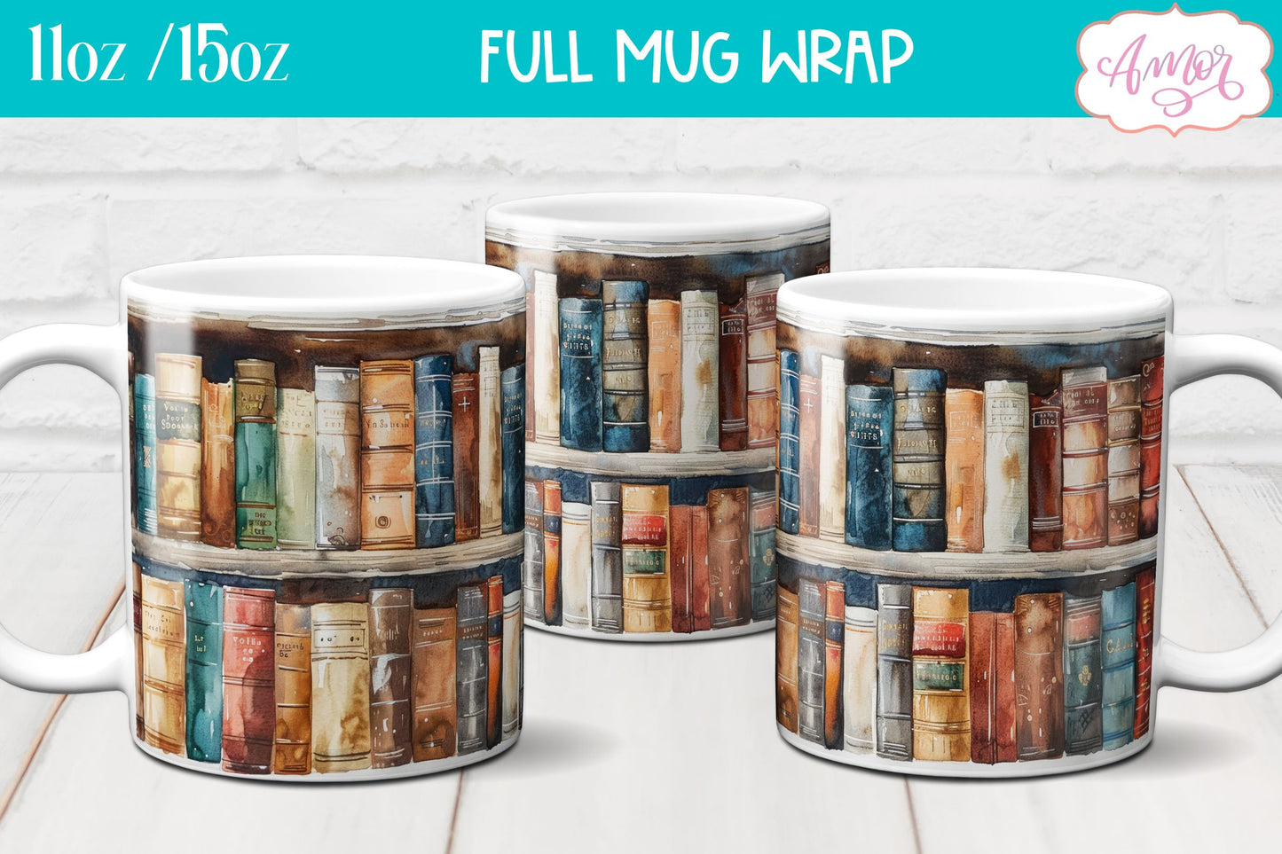 Bookshelf mug wrap PNG for Sublimation | Book lover mug png