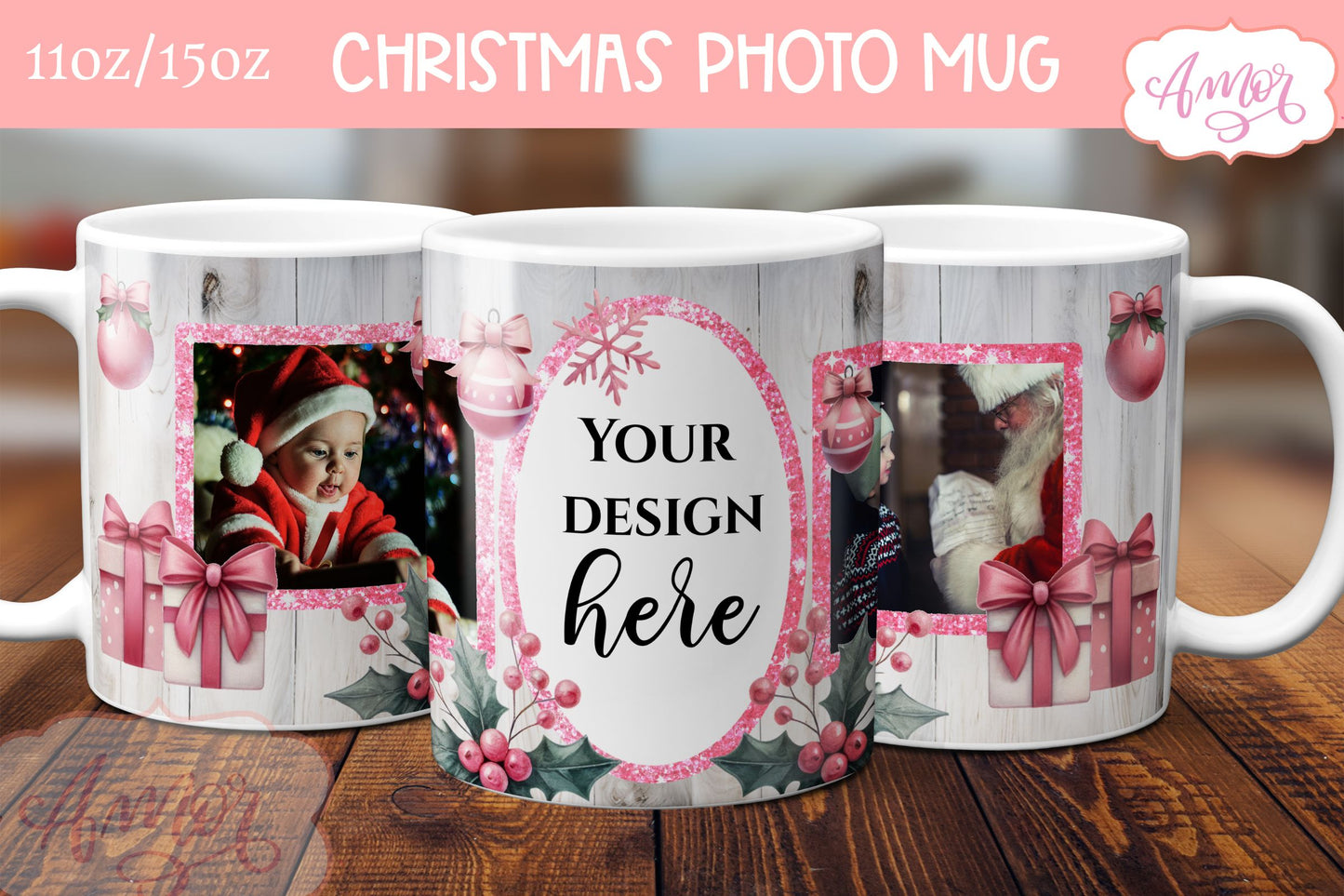 Pink Christmas photo mug wrap PNG Sublimation | festive mug