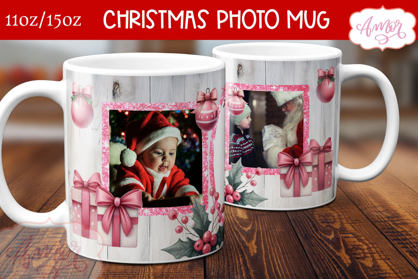 Pink Christmas photo mug wrap PNG Sublimation | festive mug