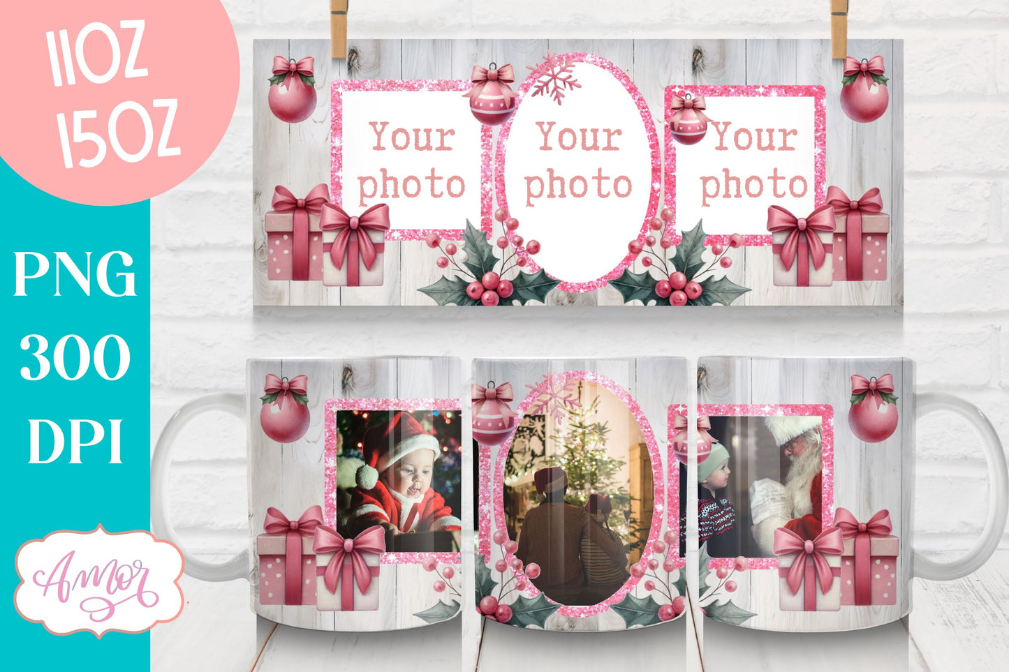 Pink Christmas photo mug wrap PNG Sublimation | festive mug
