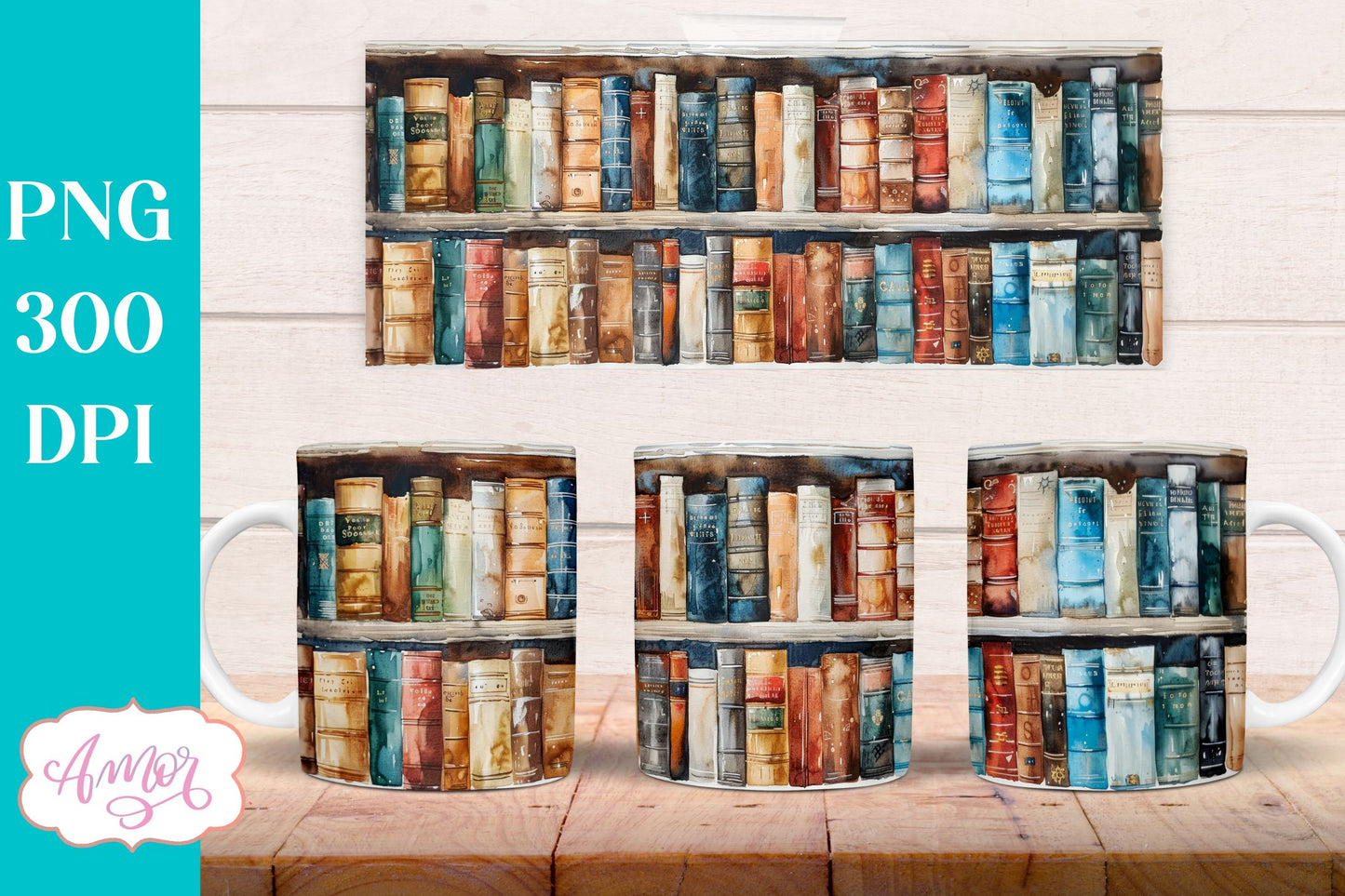 Bookshelf mug wrap PNG for Sublimation | Book lover mug png
