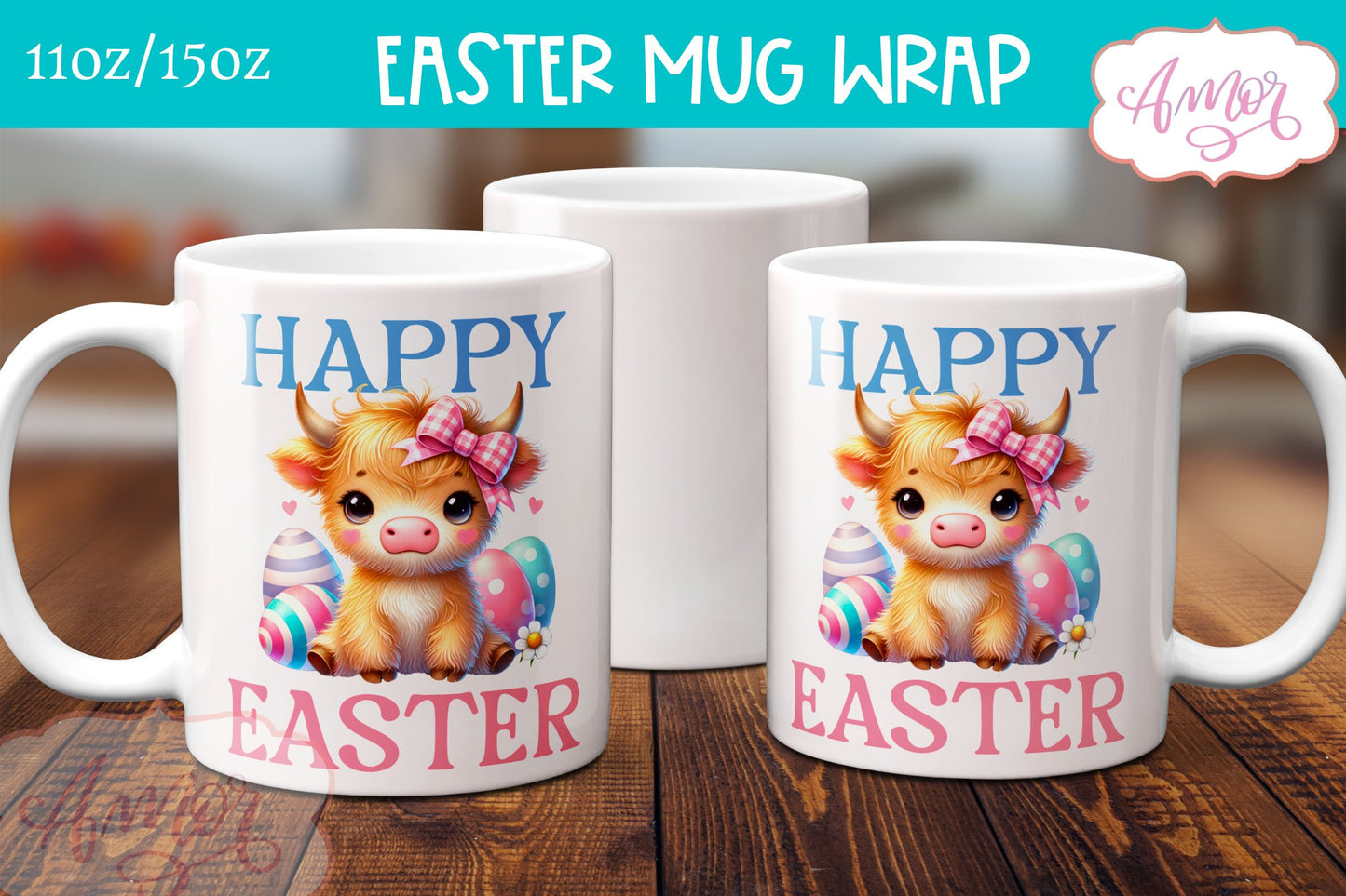 Happy Easter Mug Wrap PNG | Cute highland cow mug PNG