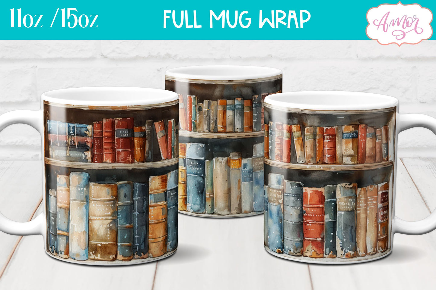 Bookshelf mug wrap PNG for Sublimation | Book lover mug png