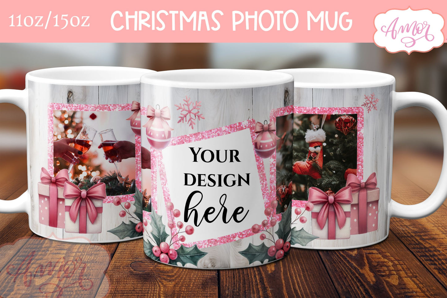 Pink Christmas photo mug wrap PNG Sublimation | festive mug