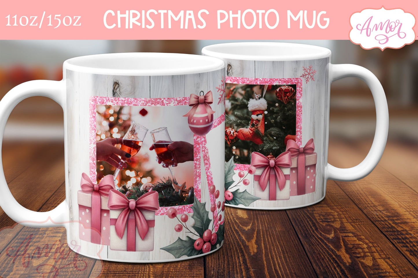 Pink Christmas photo mug wrap PNG Sublimation | festive mug