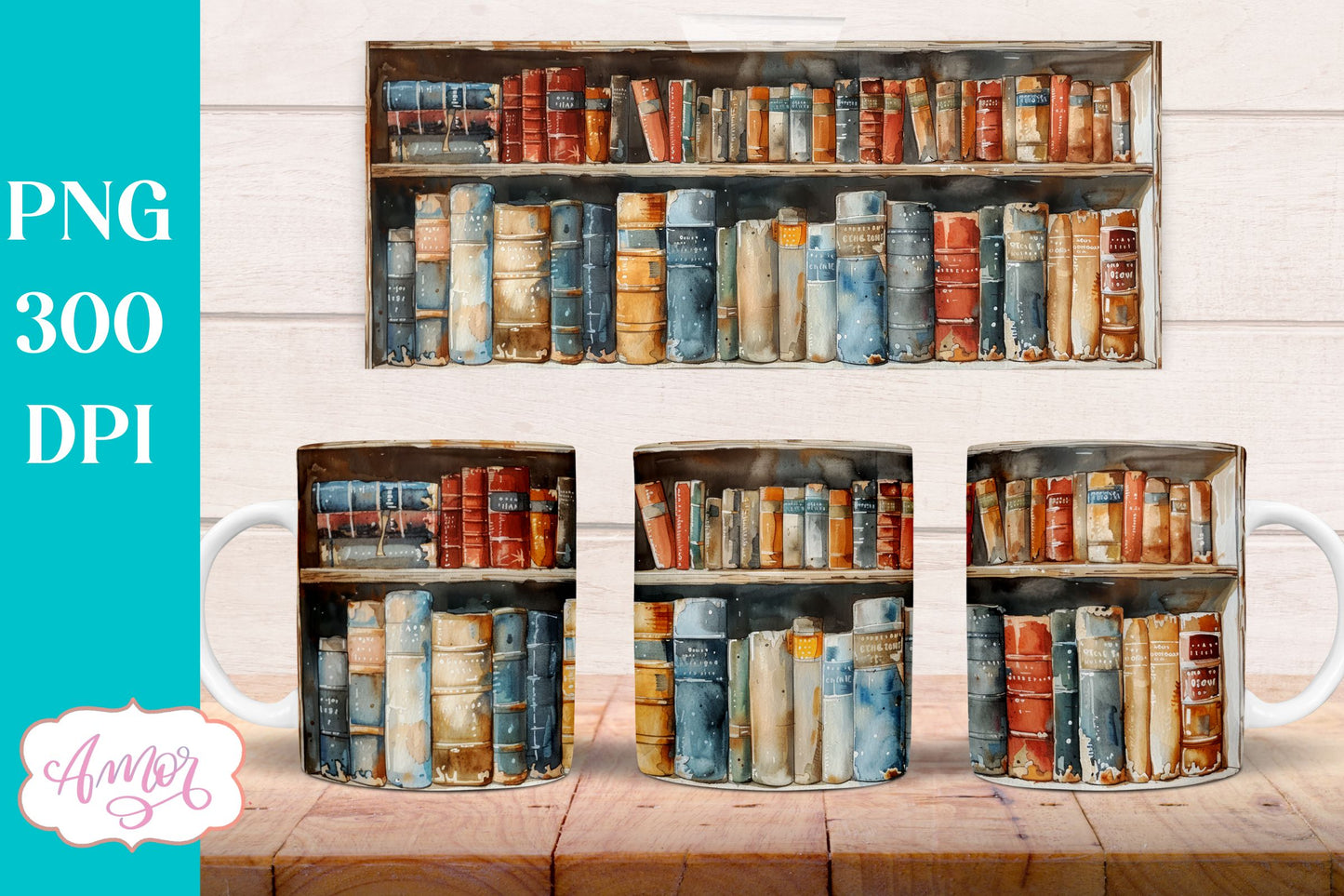 Bookshelf mug wrap PNG for Sublimation | Book lover mug png