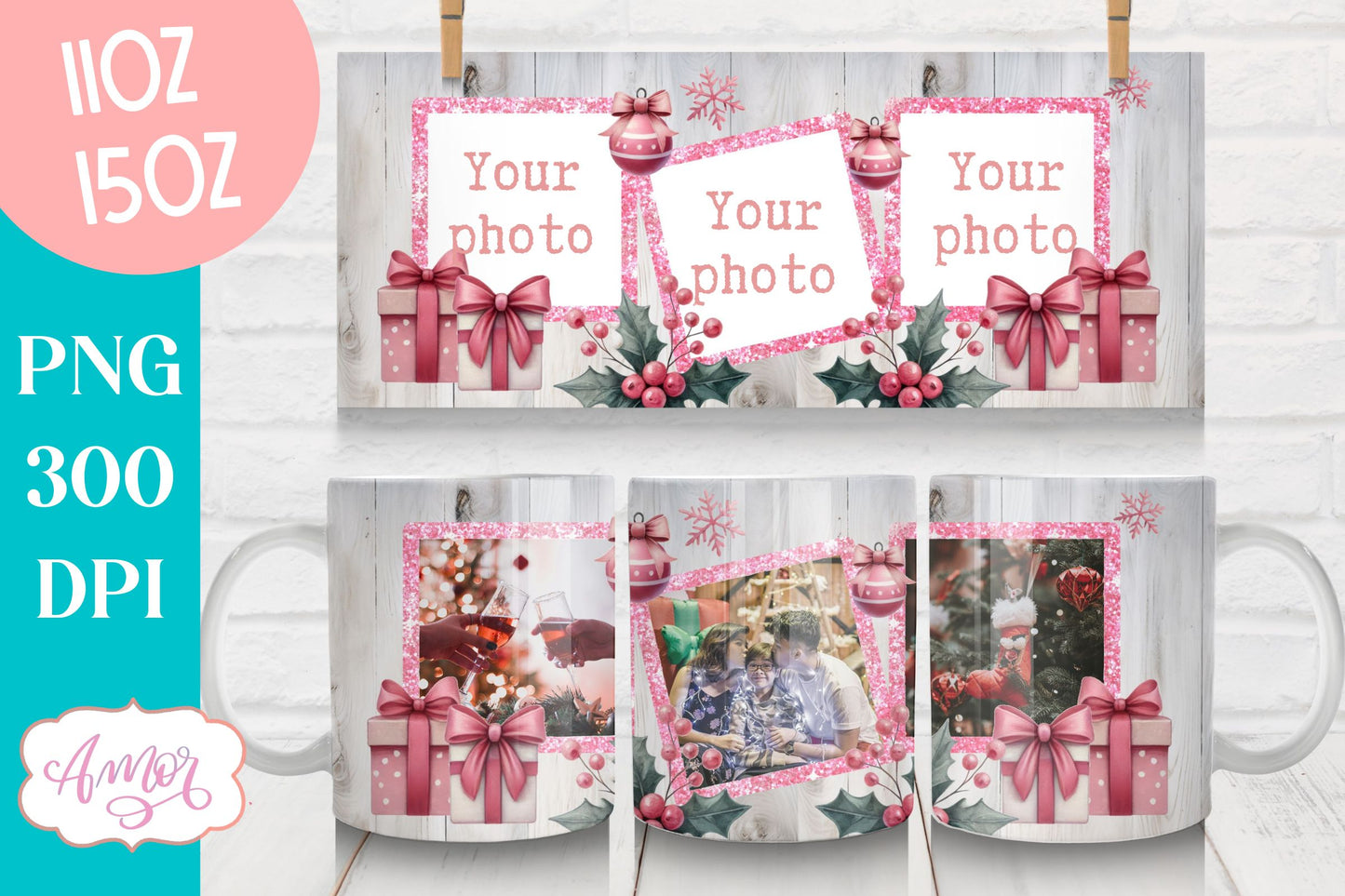 Pink Christmas photo mug wrap PNG Sublimation | festive mug