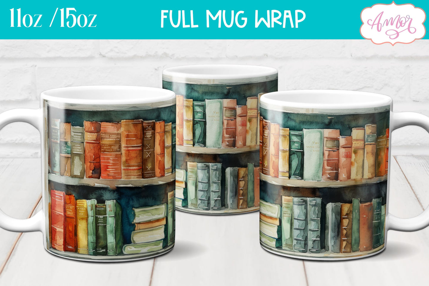 Bookshelf mug wrap PNG for Sublimation | Book lover mug png