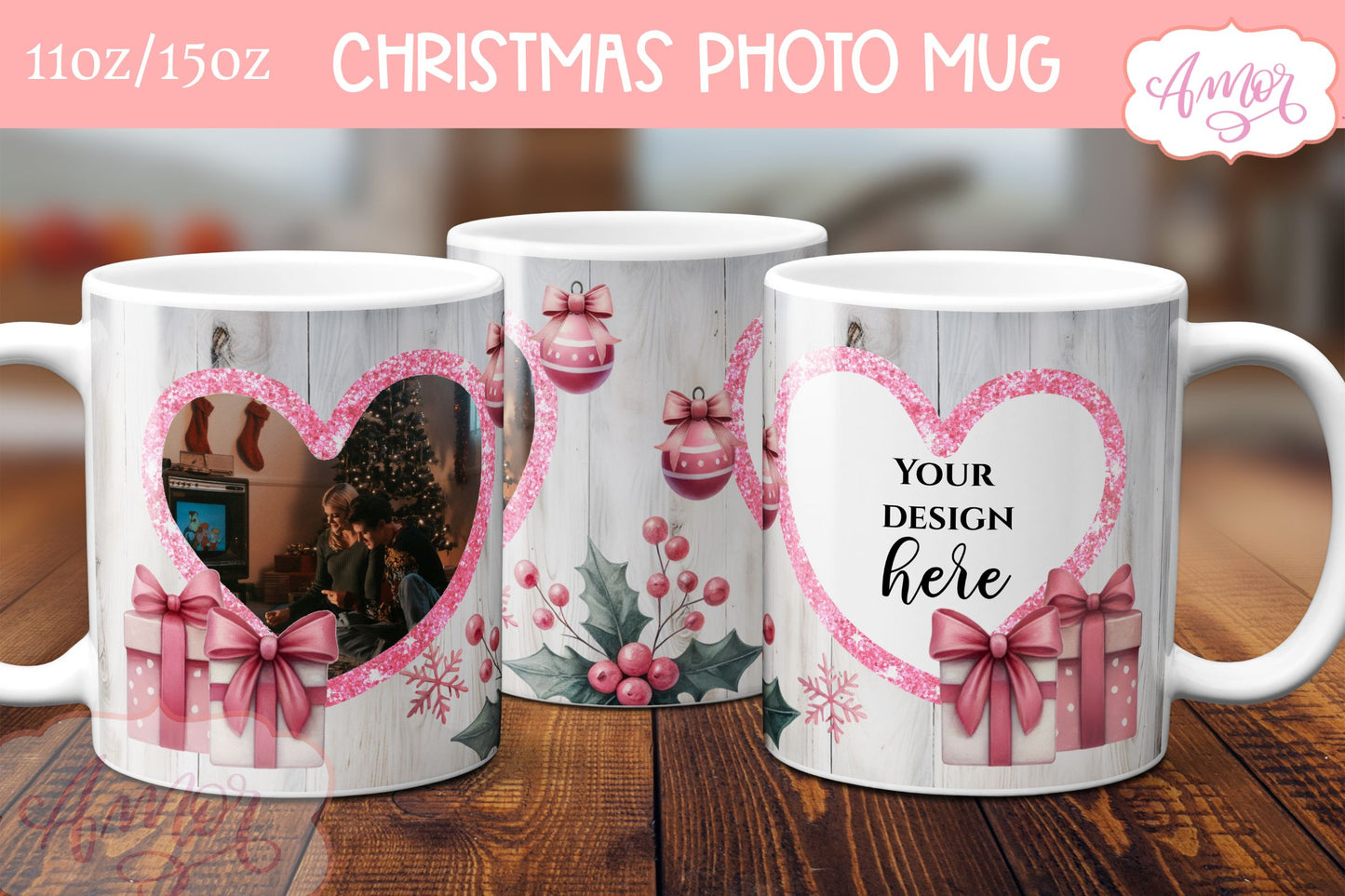 Pink Christmas photo mug wrap PNG Sublimation | festive mug