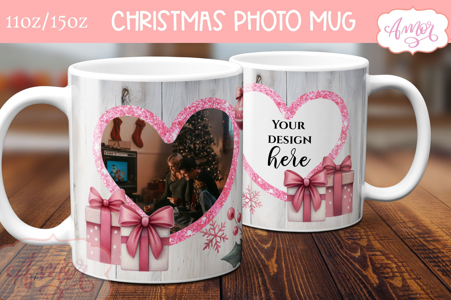 Pink Christmas photo mug wrap PNG Sublimation | festive mug