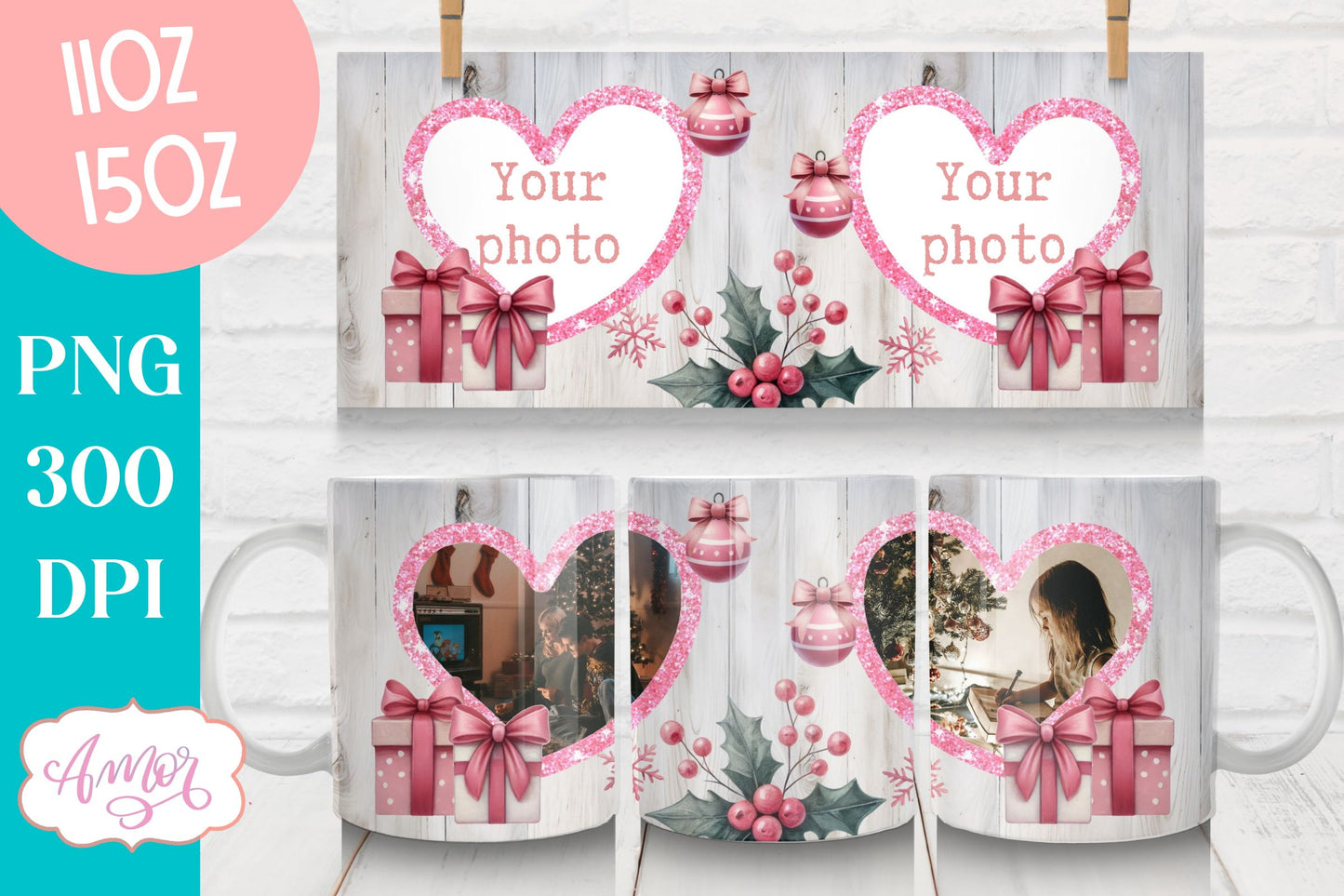 Pink Christmas photo mug wrap PNG Sublimation | festive mug