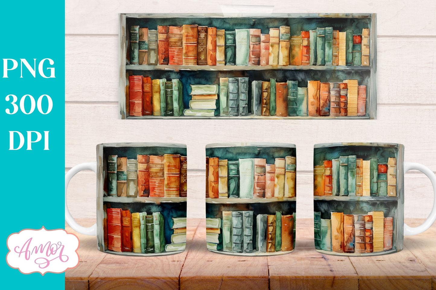 Bookshelf mug wrap PNG for Sublimation | Book lover mug png