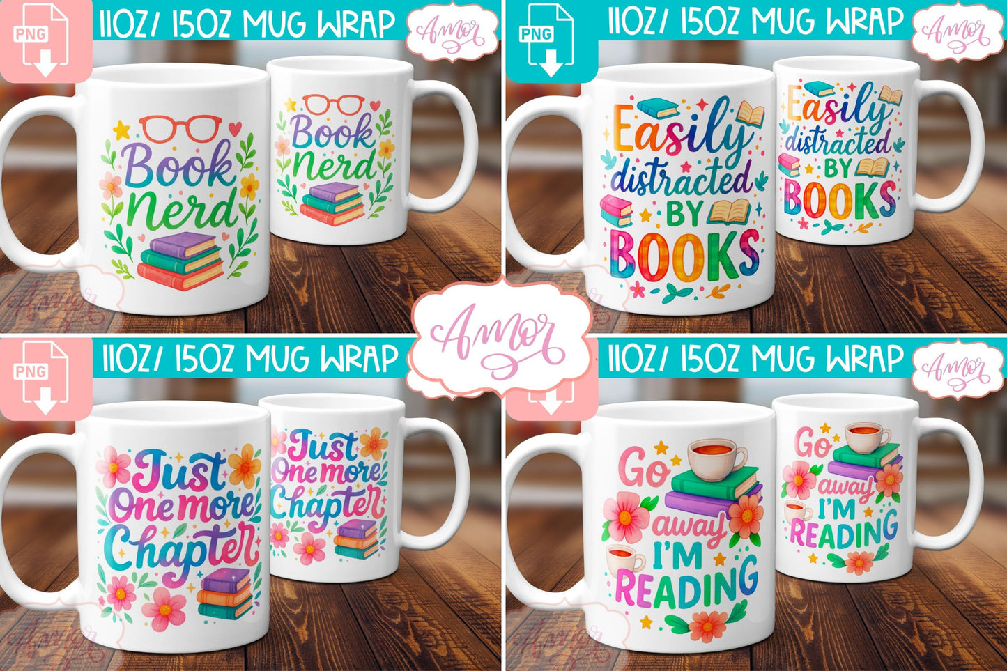 Book lover mug wrap sublimation PNG BUNDLE, book nerd mugs