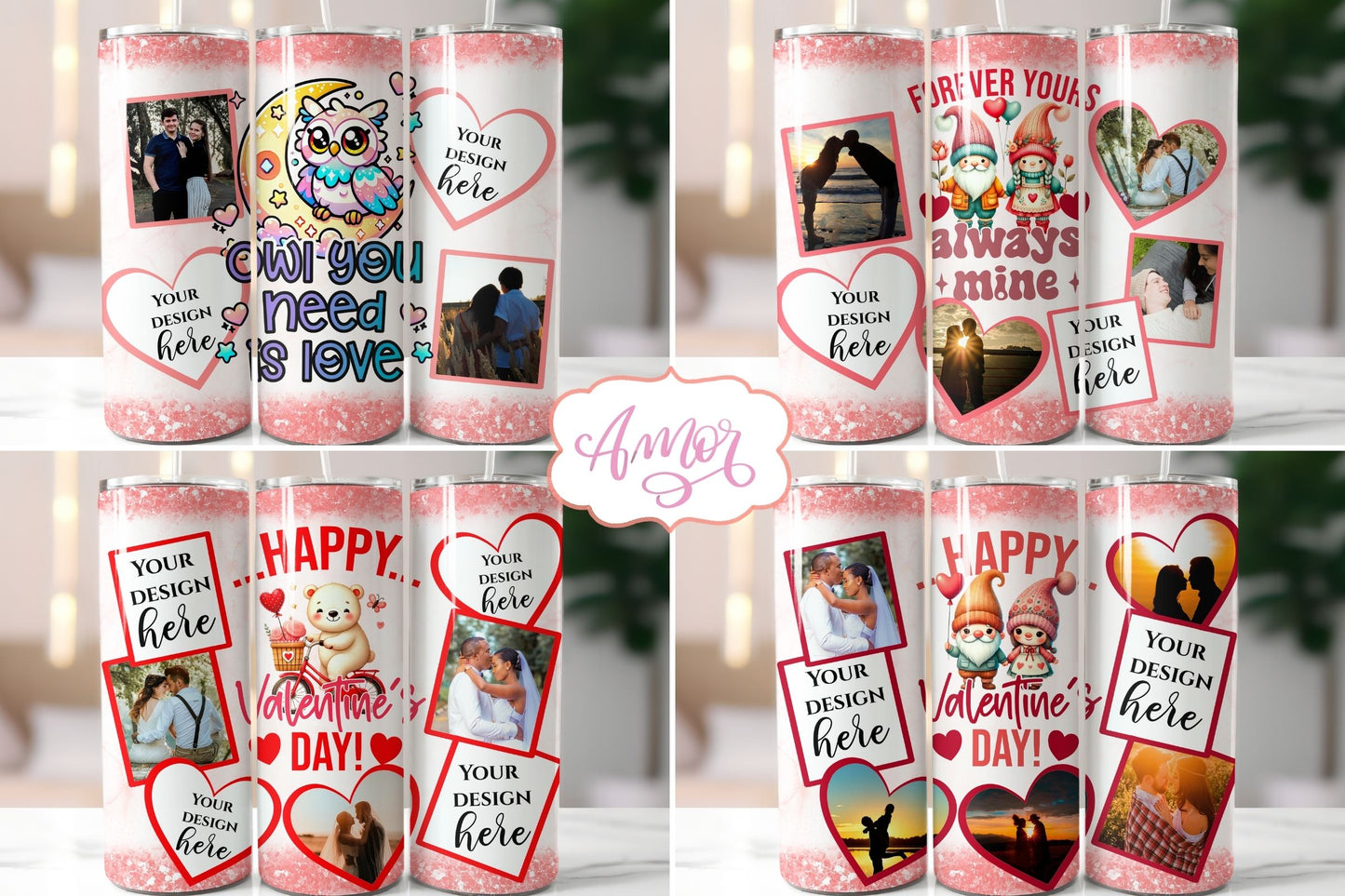 Cute Valentines day photo tumbler wrap PNG template BUNDLE