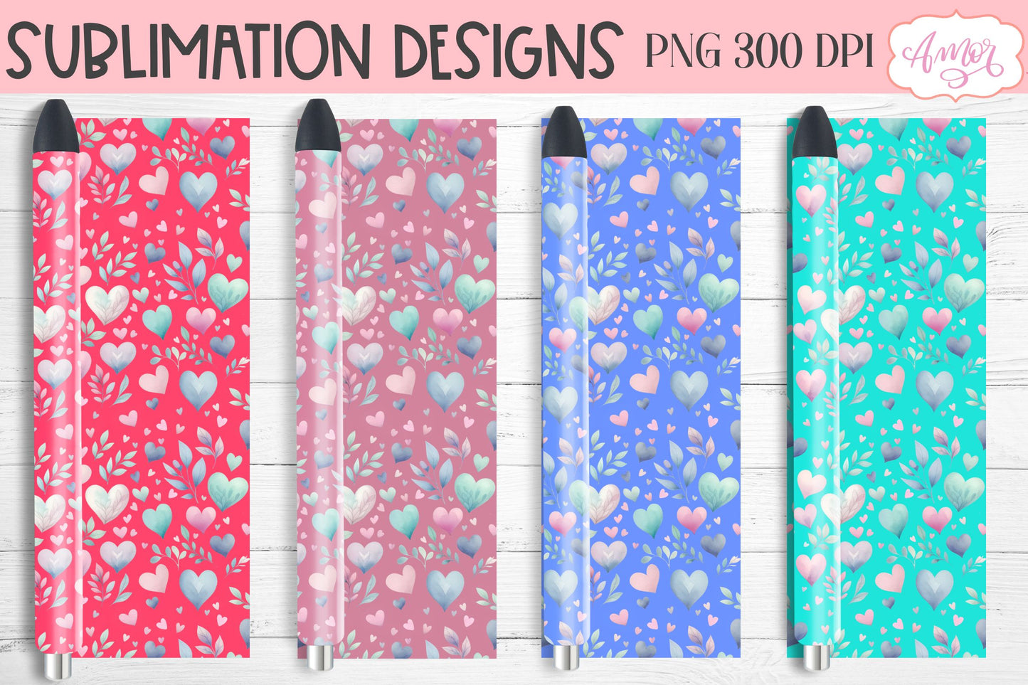 Heart pen wraps for sublimation | Valentine's Day pen PNG