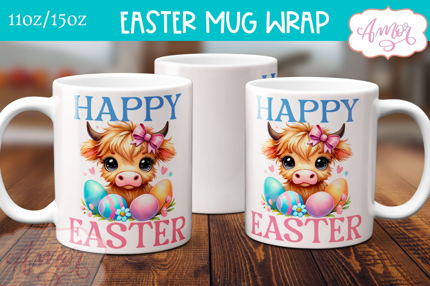 Happy Easter Mug Wrap PNG | Cute highland cow mug PNG