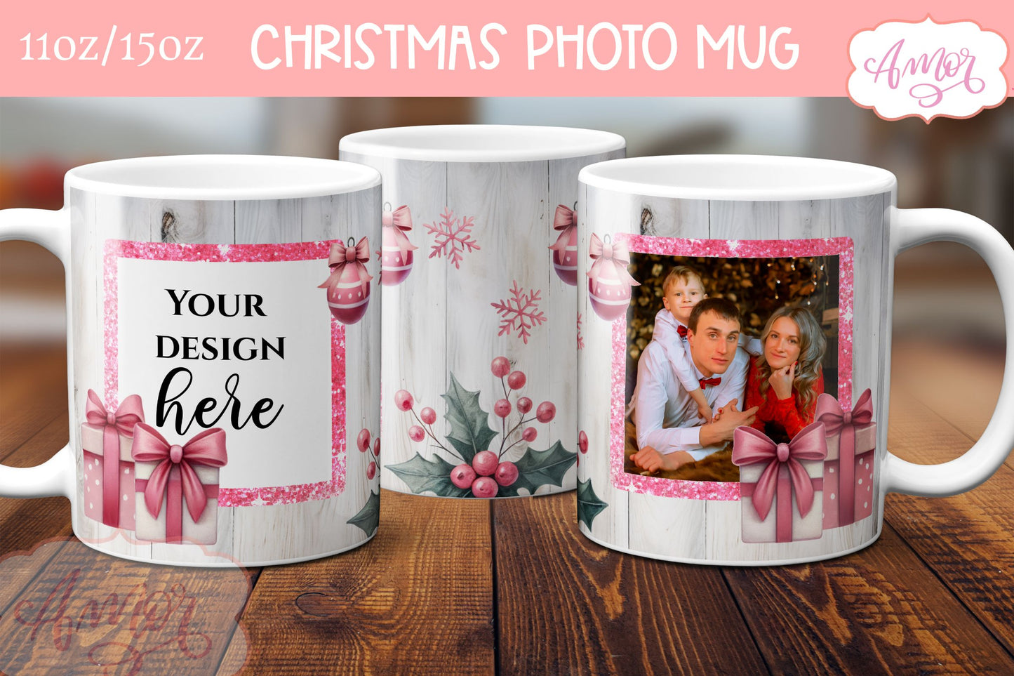 Pink Christmas photo mug wrap PNG Sublimation | festive mug
