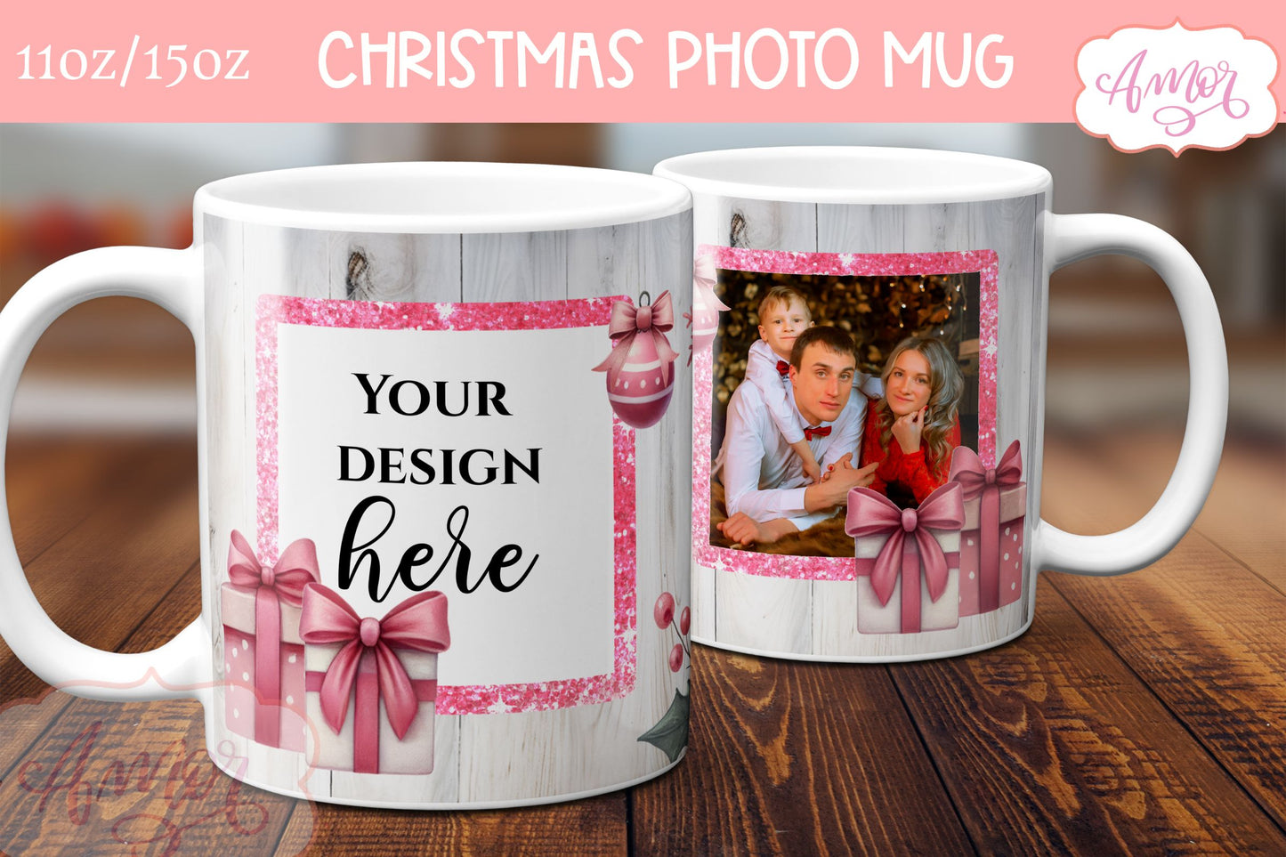 Pink Christmas photo mug wrap PNG Sublimation | festive mug