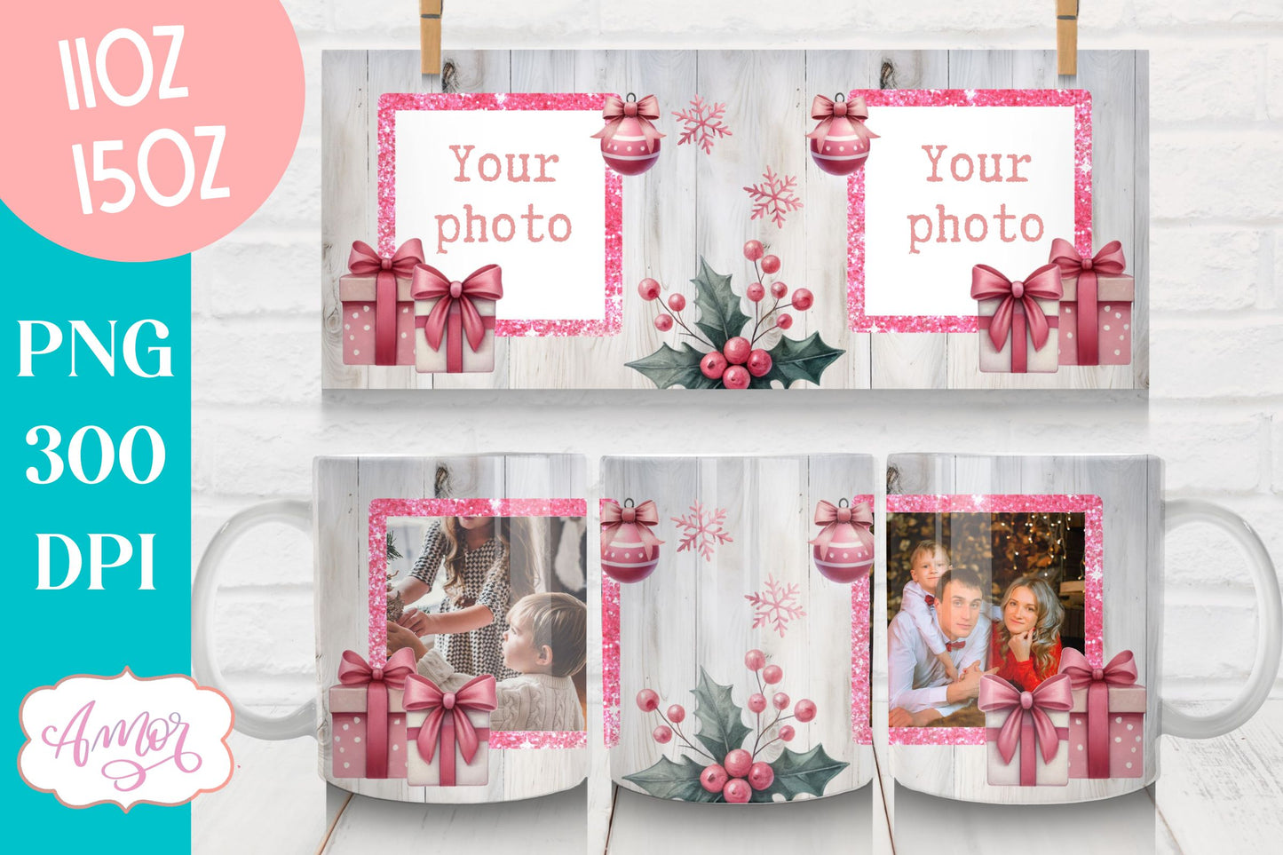 Pink Christmas photo mug wrap PNG Sublimation | festive mug