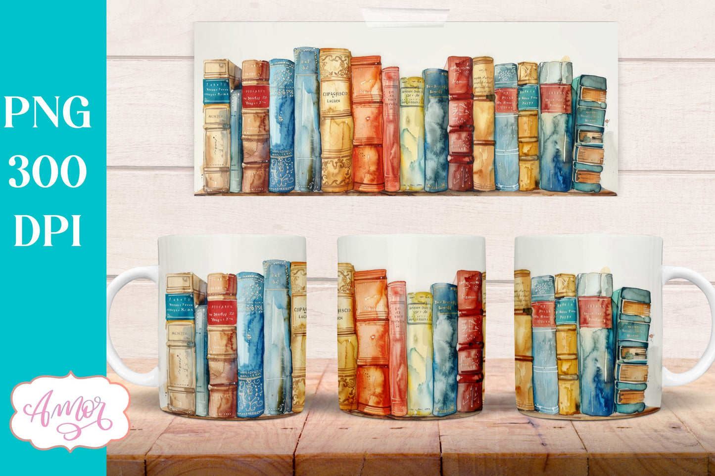 Bookshelf mug wrap PNG for Sublimation | Book lover mug png