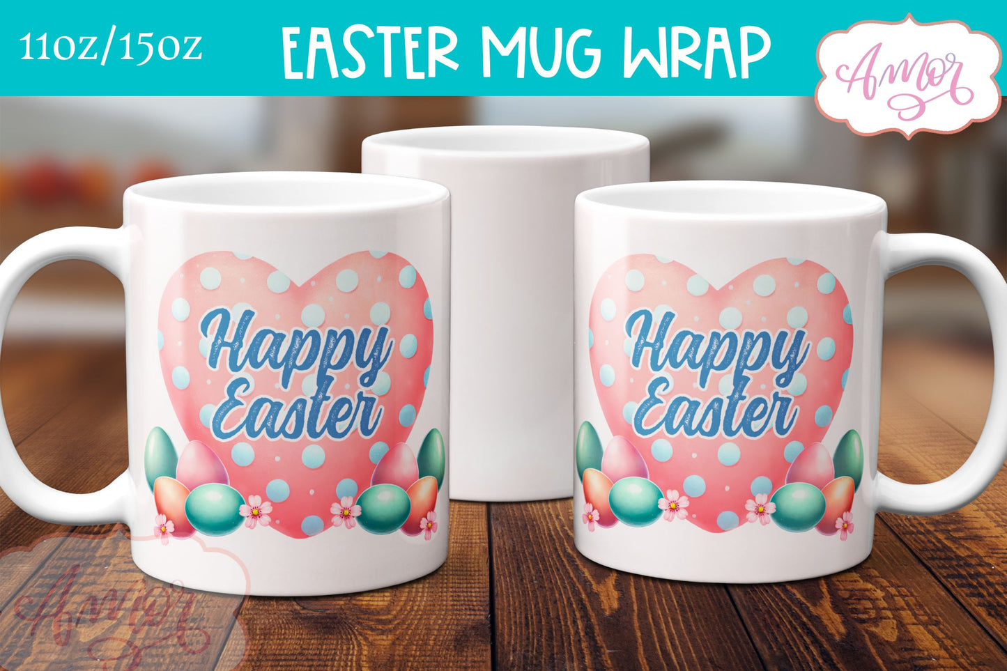 Cute Easter Mug Wrap PNG | Happy Easter mug template PNG
