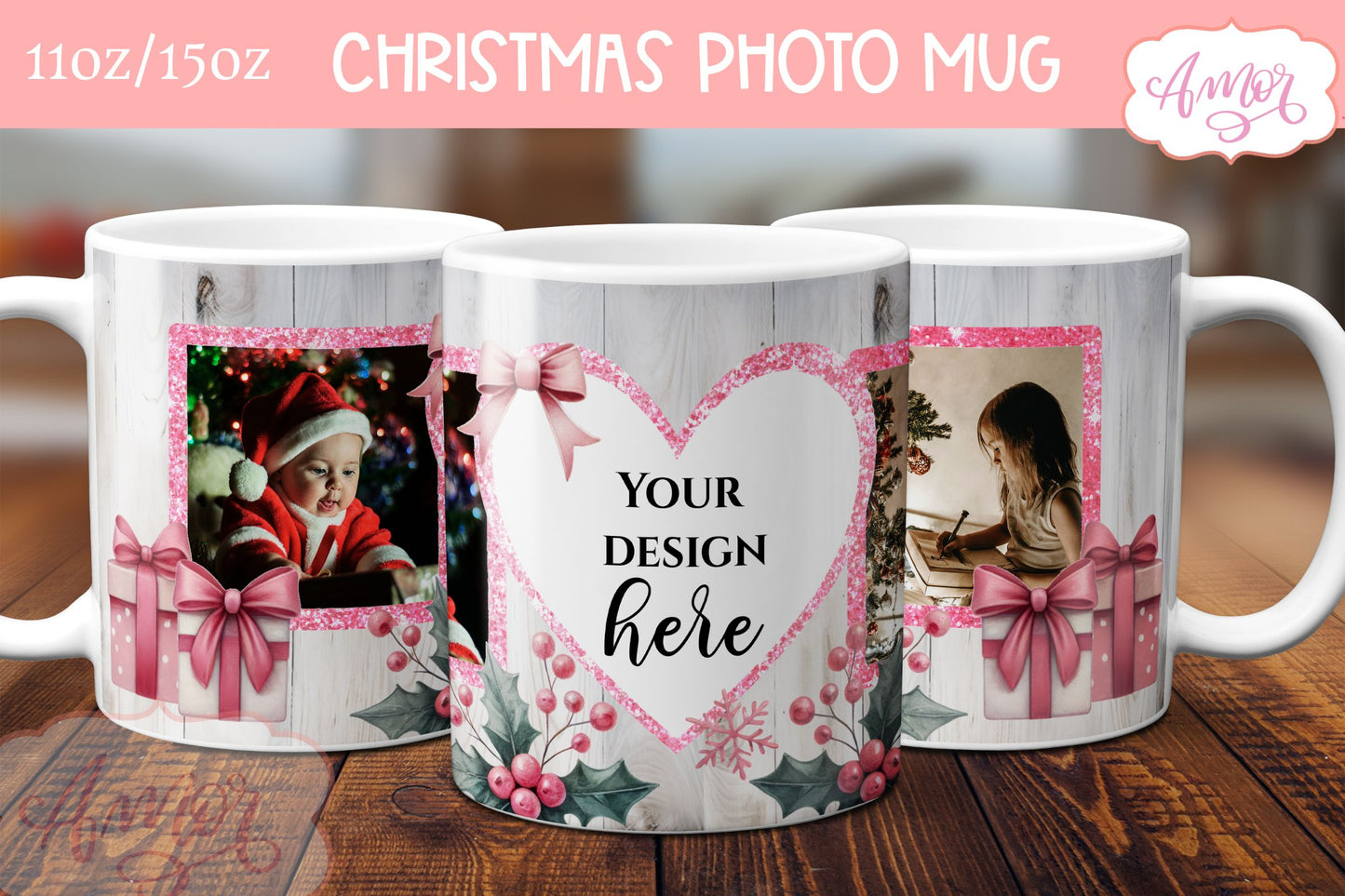 Pink Christmas photo mug wrap PNG Sublimation | festive mug