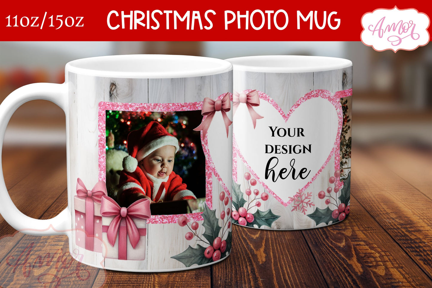 Pink Christmas photo mug wrap PNG Sublimation | festive mug