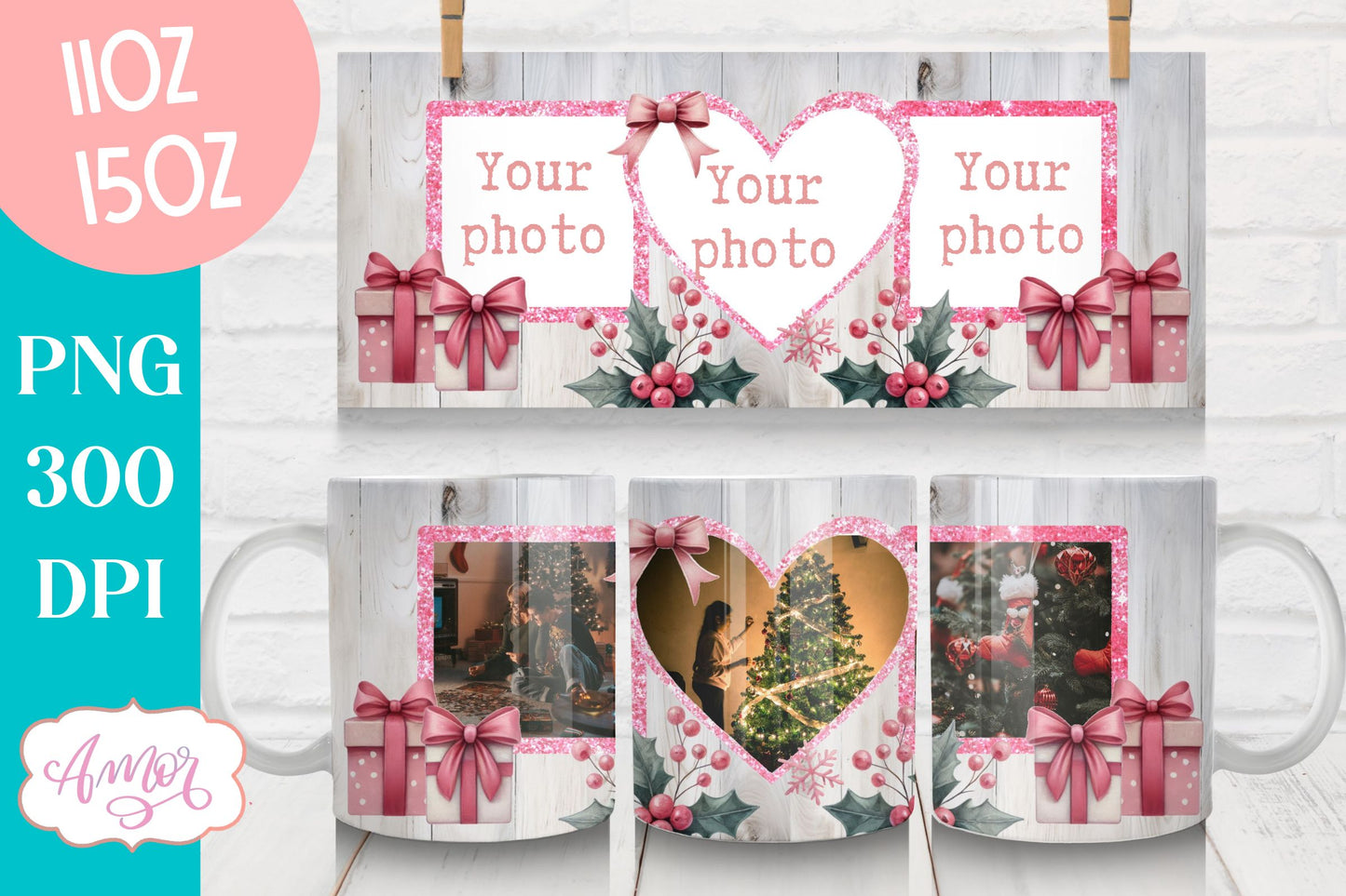 Pink Christmas photo mug wrap PNG Sublimation | festive mug