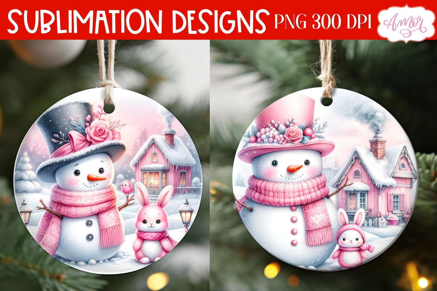 Pink Round christmas ornament PNG sublimation | Snowman PNG