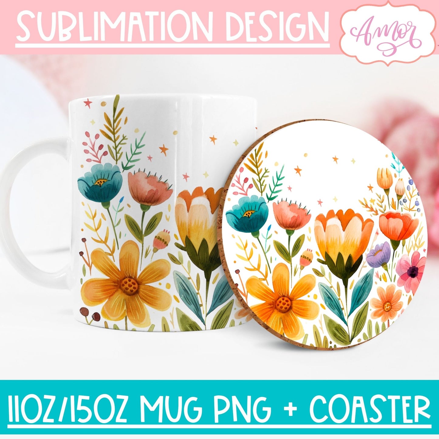Wildflowers mug wrap and coaster PNG for Sublimation BUNDLE