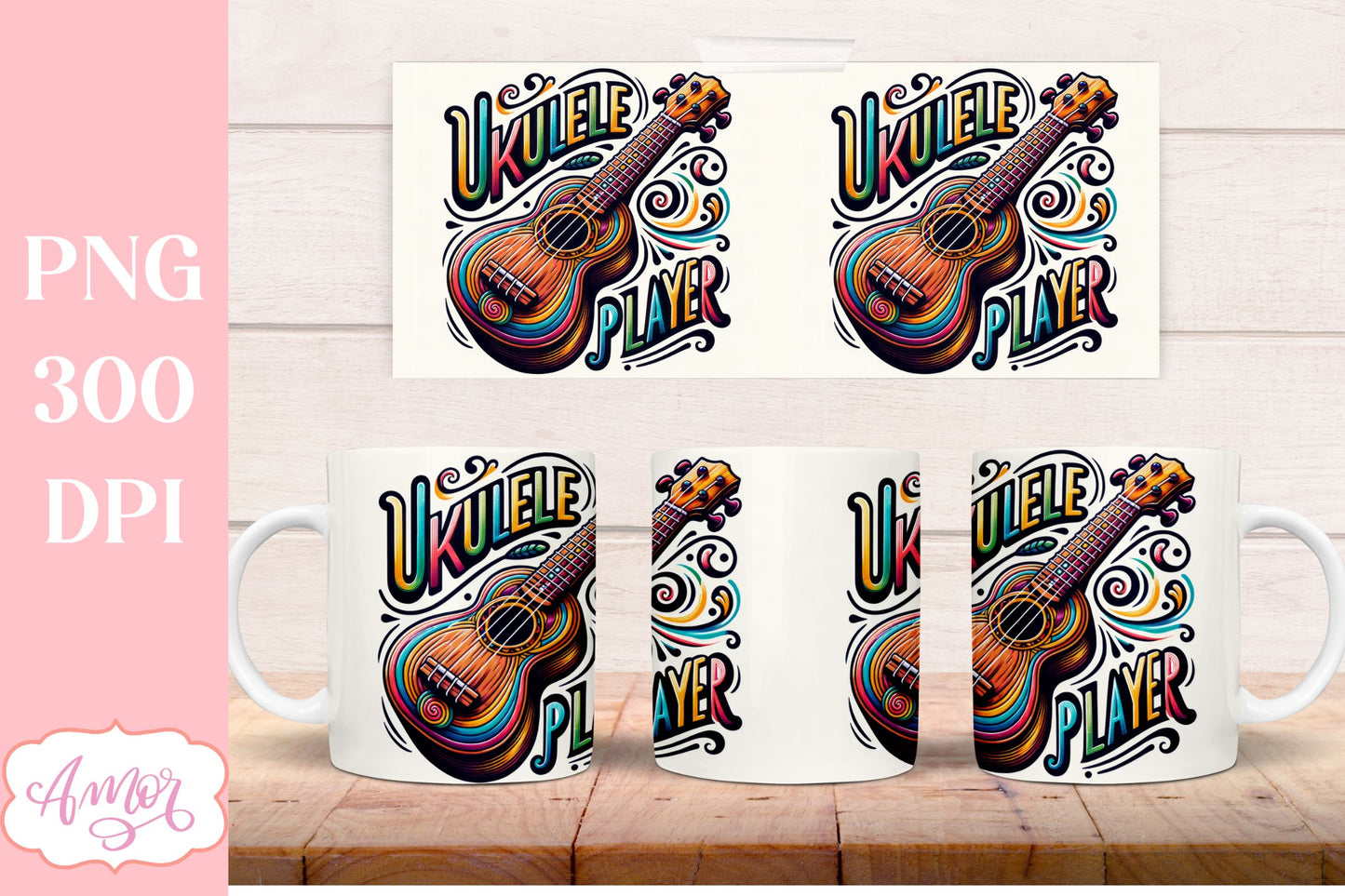 Ukulele Player Mug Wrap PNG for Sublimation