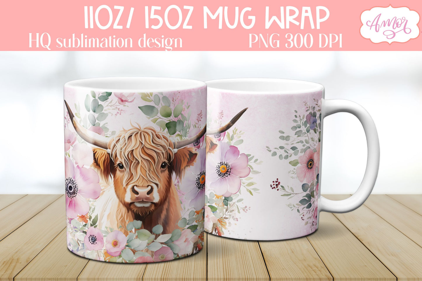 Highland cow mug wrap PNG Sublimation | Floral mug PNG