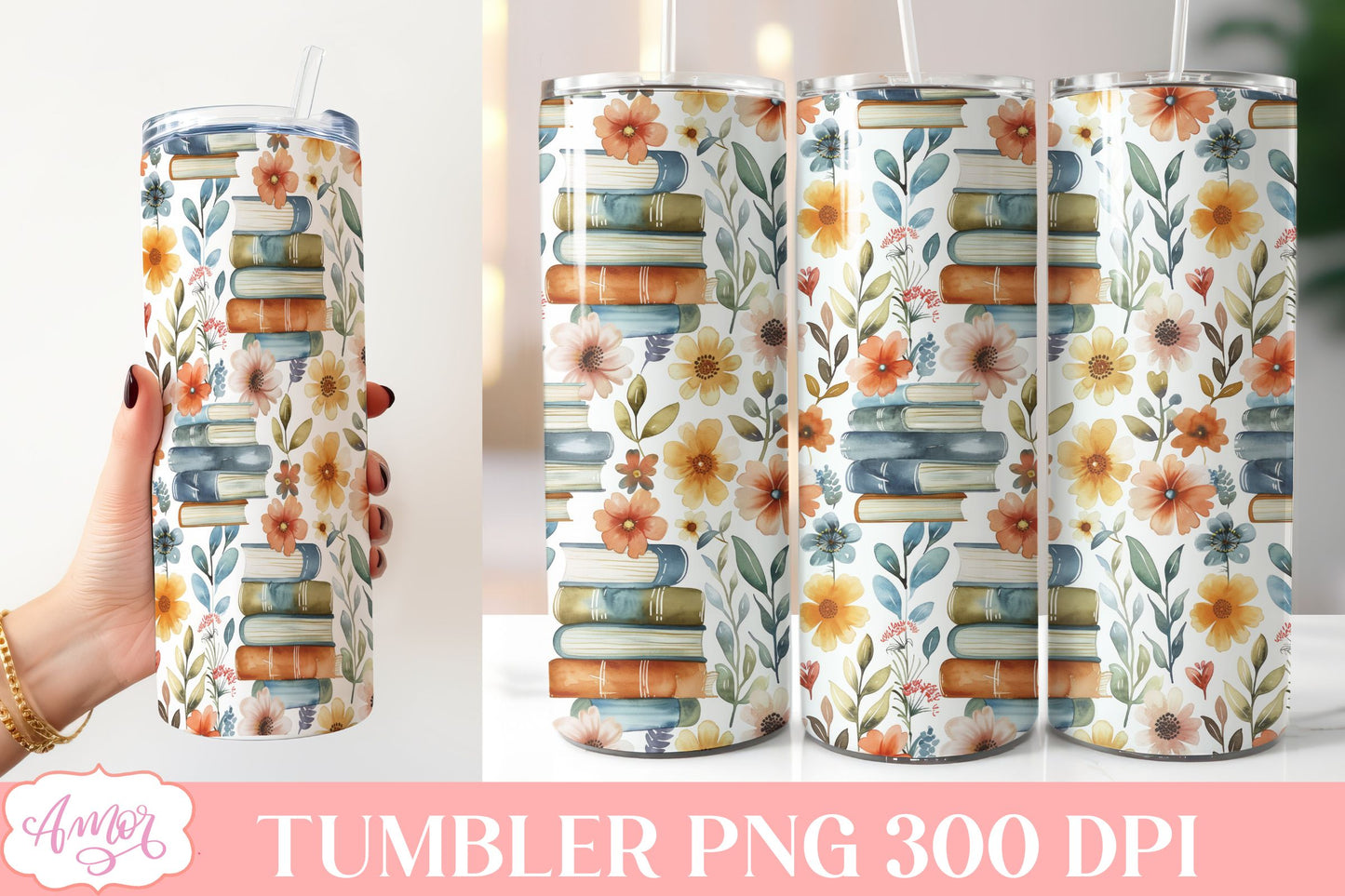 Book and flowers tumbler wrap PNG | Book lover tumbler bundle