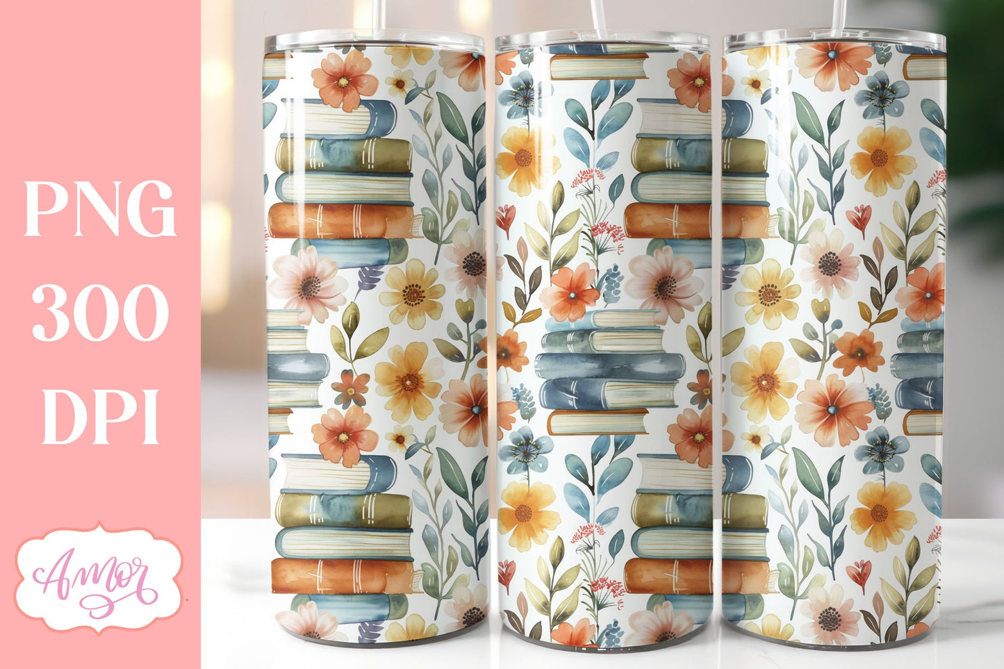 Book and flowers tumbler wrap PNG | Book lover tumbler bundle