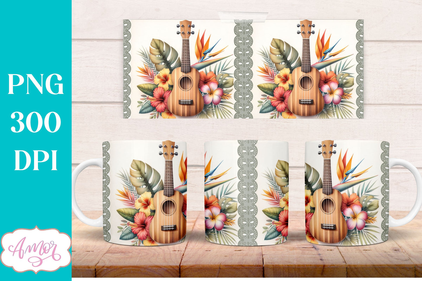 Ukulele Mug Wrap PNG for Sublimation