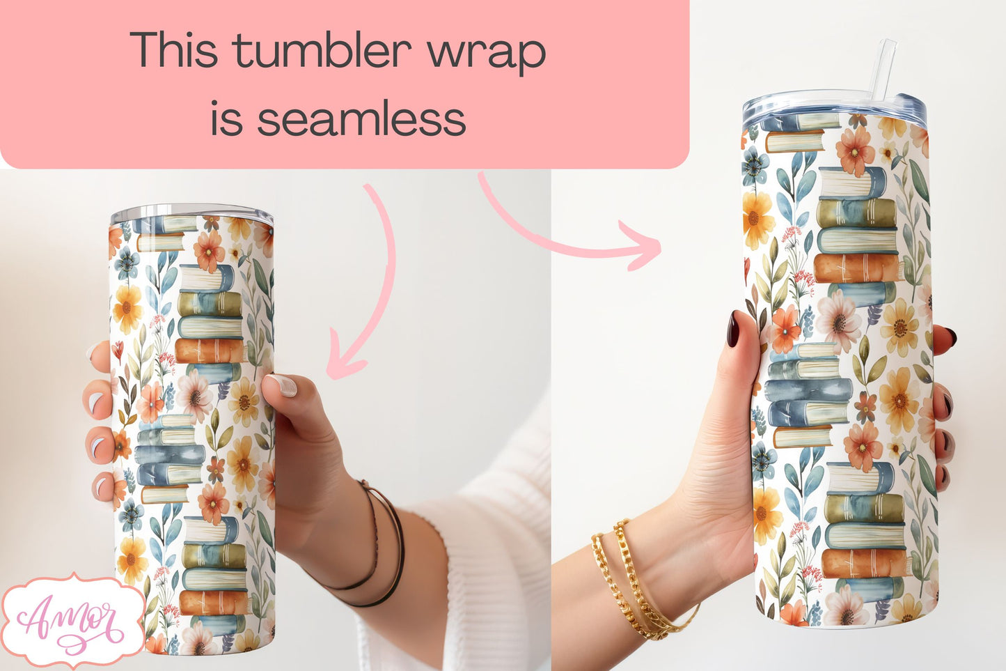Book and flowers tumbler wrap PNG | Book lover tumbler bundle