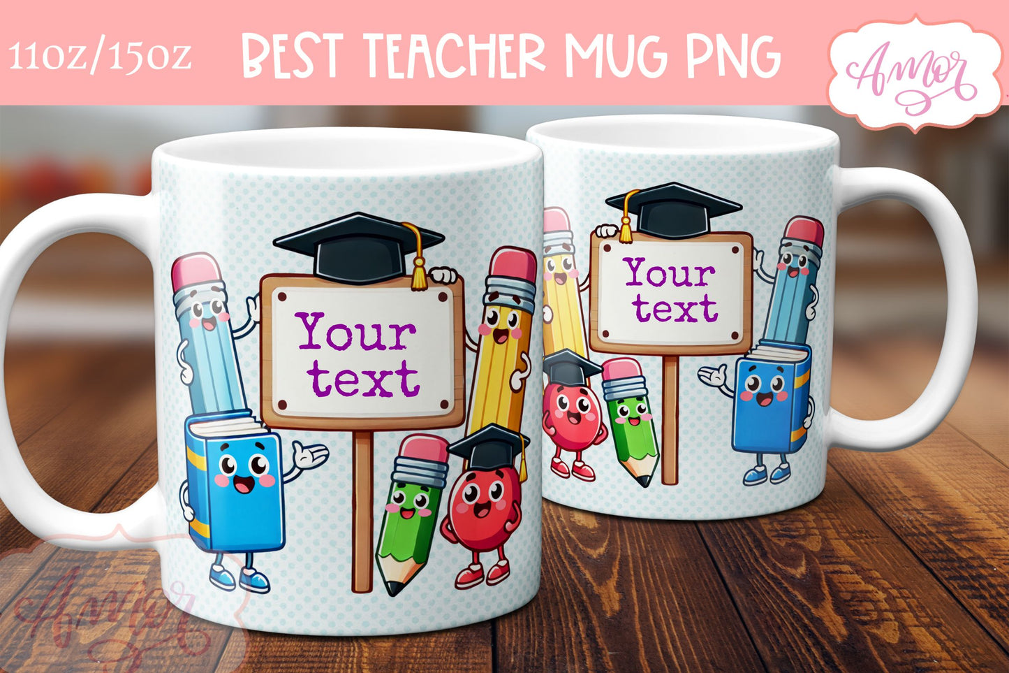 Cute Teacher Mug Wrap PNG | Customizable Teacher mug PNG