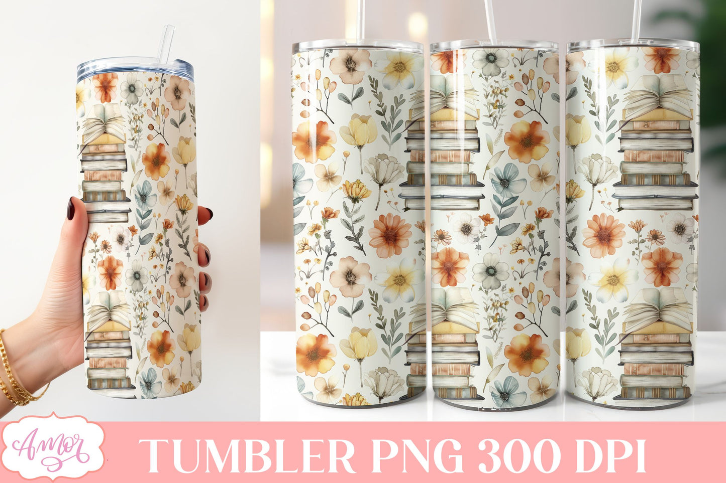 Book and flowers tumbler wrap PNG | Book lover tumbler bundle