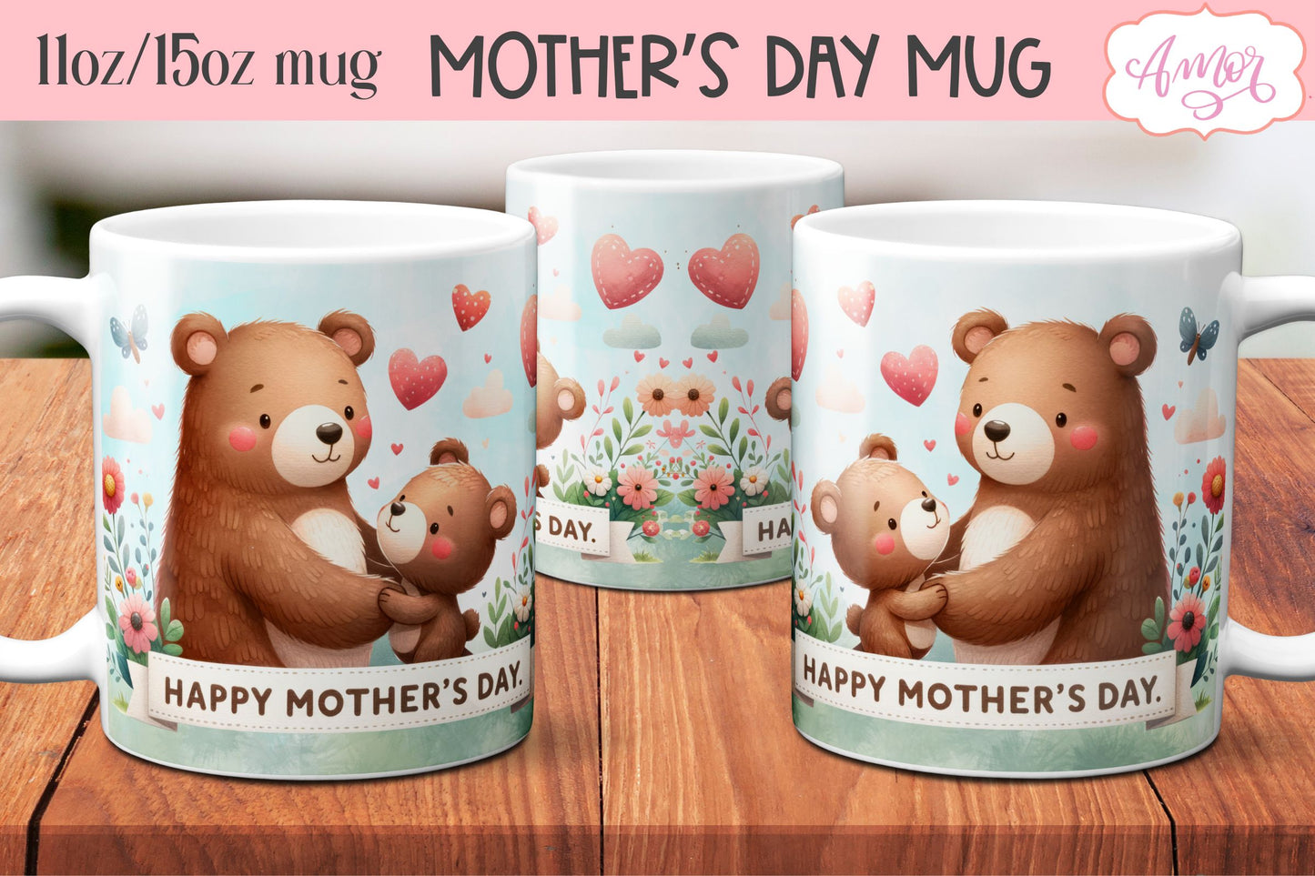 Cute bear mama mug wrap | Mother's day mug PNG BUNDLE